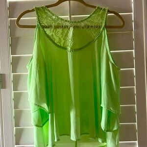 Decree Pastel Green Cold Shoulder Chiffon Lace Neck Top